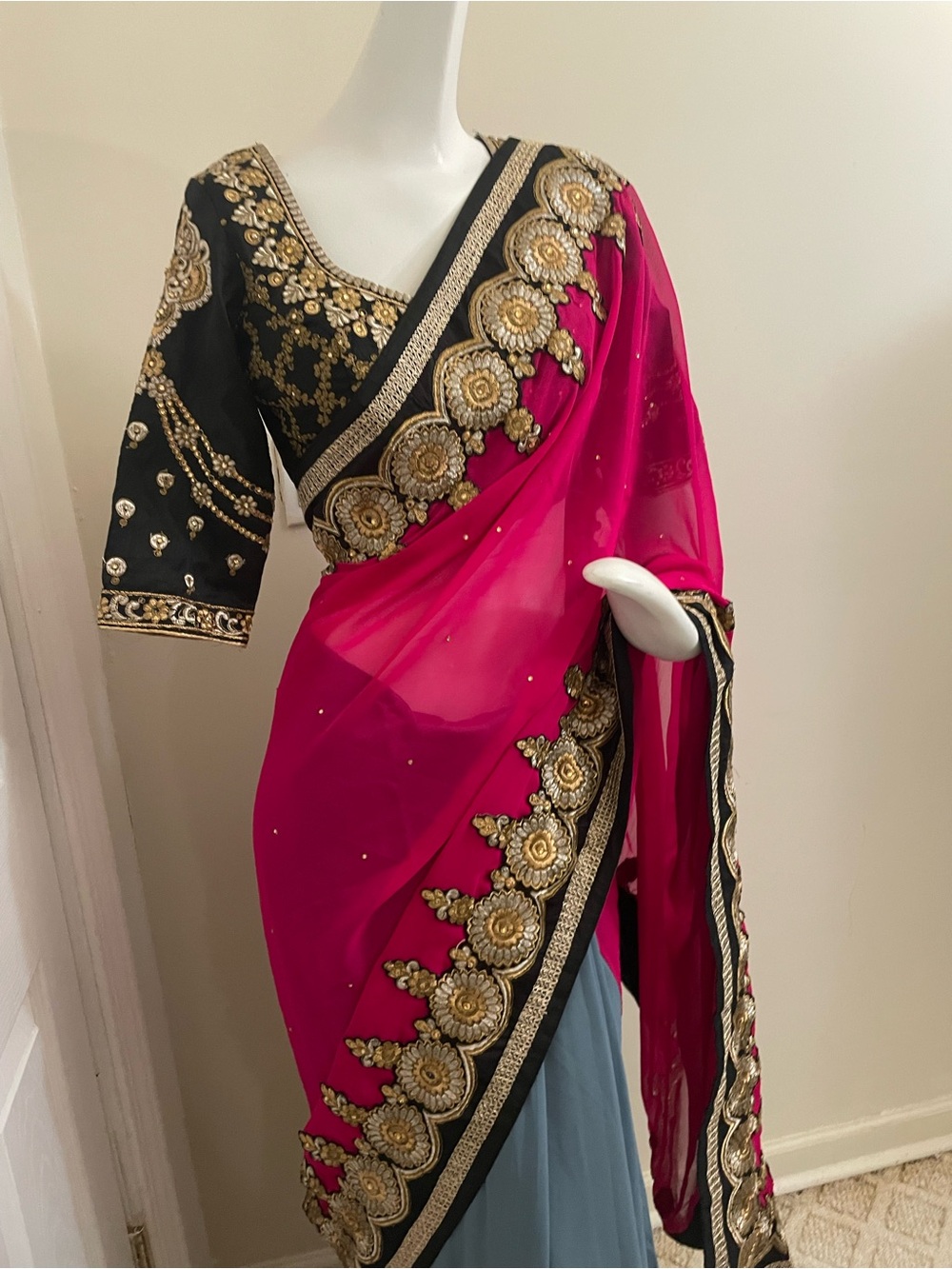 Ready to wear saree / Embroidered Pink, gray and Black Saree with Gold Accent